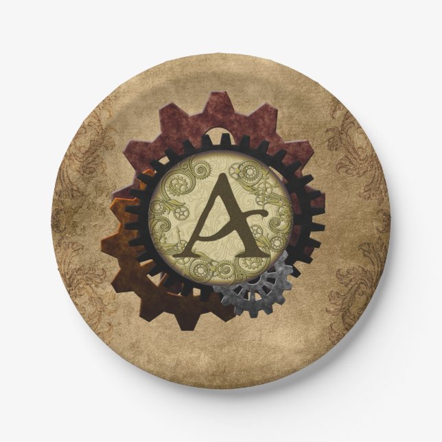 Grunge Steampunk Gears Monogram Letter A Paper Plates (Front)