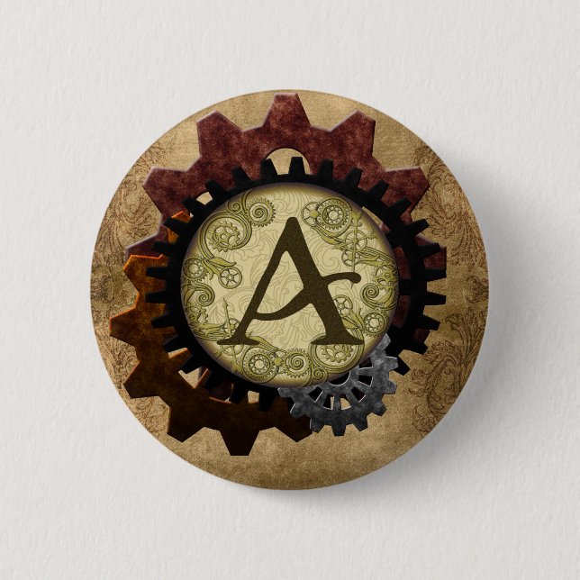 Grunge Steampunk Gears Monogram Letter A Pinback Button (Front)