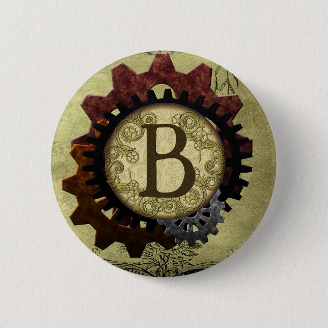 Grunge Steampunk Gears Monogram Letter B Button (Front)