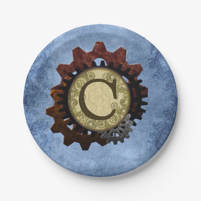 Grunge Steampunk Gears Monogram Letter C Paper Plates (Front)