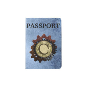 Grunge Steampunk Gears Monogram Letter C Passport Holder