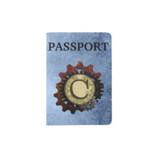 Grunge Steampunk Gears Monogram Letter C Passport Holder