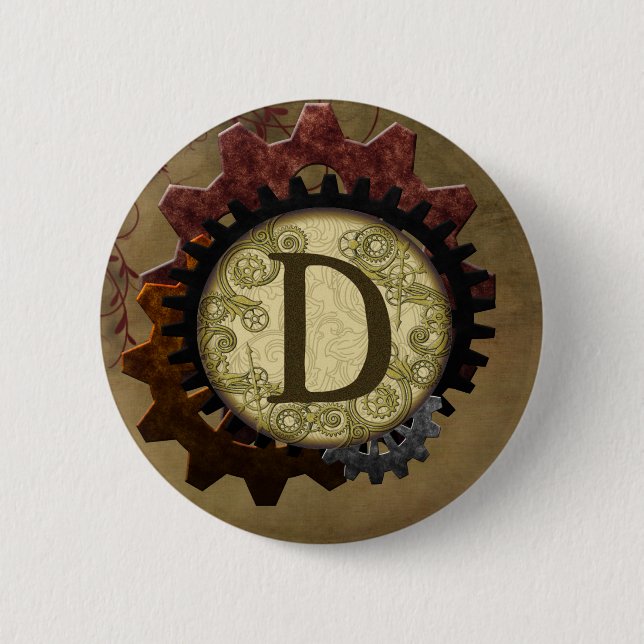 Grunge Steampunk Gears Monogram Letter D Pinback Button (Front)