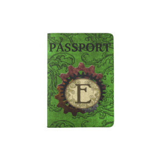 Grunge Steampunk Gears Monogram Letter E Passport Holder