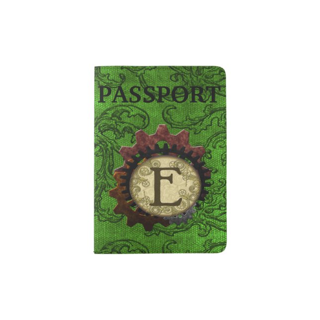 Grunge Steampunk Gears Monogram Letter E Passport Holder (Front)
