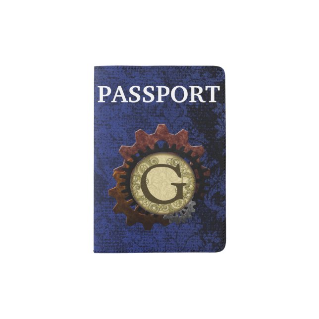 Grunge Steampunk Gears Monogram Letter G Passport Holder (Front)