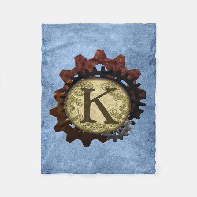 Grunge Steampunk Gears Monogram Letter K Fleece Blanket (Front)