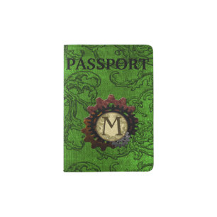 Grunge Steampunk Gears Monogram Letter M Passport Holder