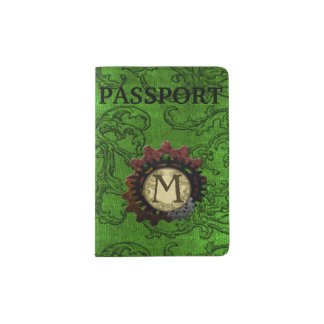 Grunge Steampunk Gears Monogram Letter M Passport Holder