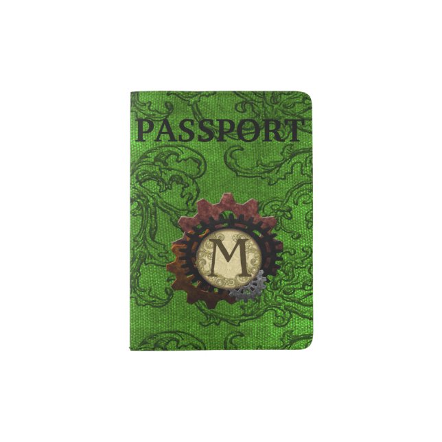 Grunge Steampunk Gears Monogram Letter M Passport Holder (Front)