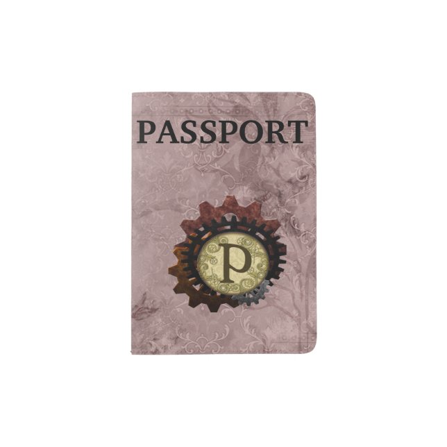 Grunge Steampunk Gears Monogram Letter P Passport Holder (Front)