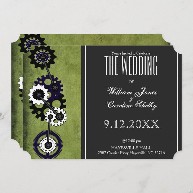 Grunge Steampunk Gears Wedding Invitation (Front/Back)