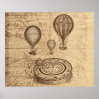 grunge steampunk hot air balloons on old map poster