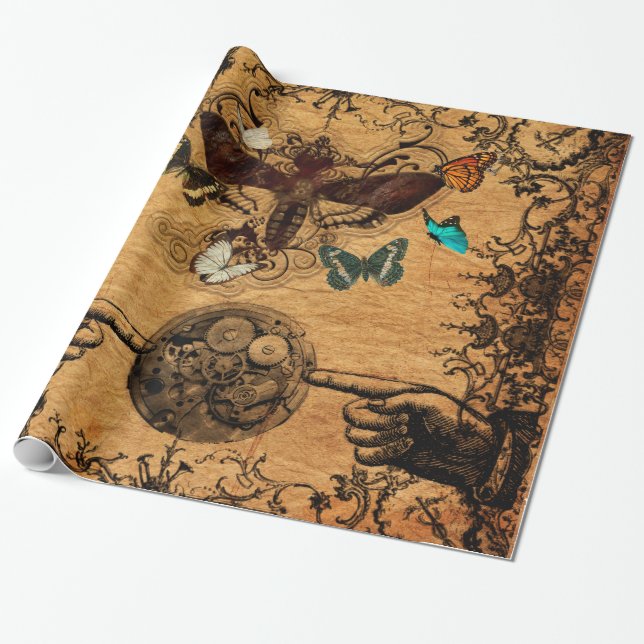 Grunge Steampunk Victorian Butterfly Wrapping Paper (Unrolled)
