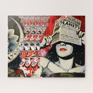 Grunge street art of a woman holding a newspaper, jigsaw puzzle