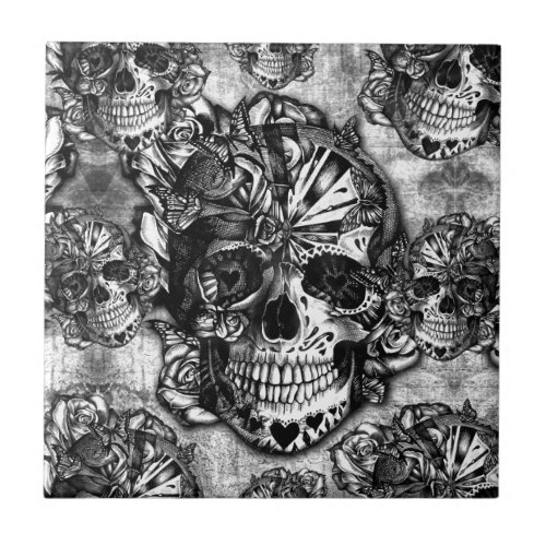 Grunge sugar skull pattern ceramic tile