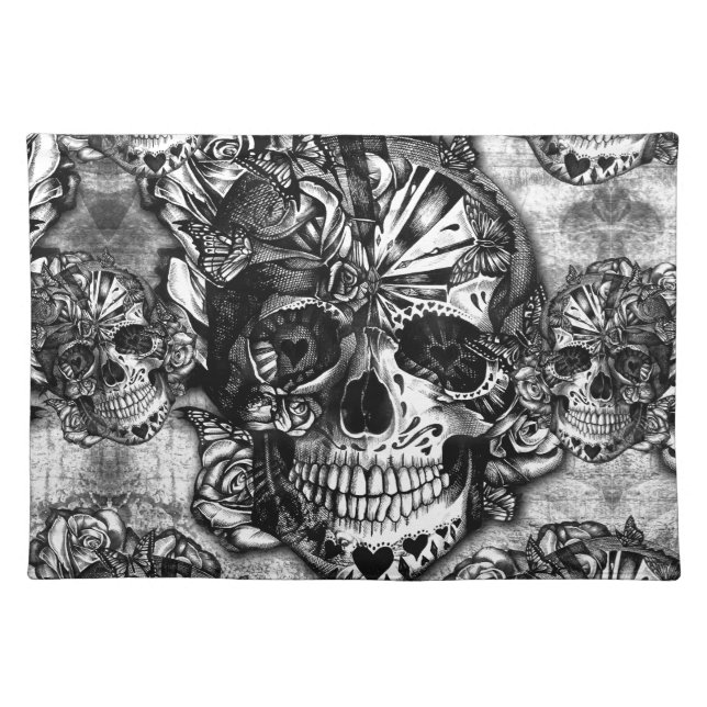 Grunge sugar skull pattern cloth placemat (Front)