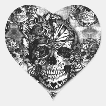 Grunge Sugar Skull Pattern Heart Sticker by KPattersonDesign at Zazzle