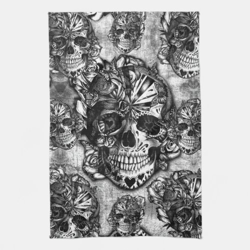 Grunge sugar skull pattern kitchen towel