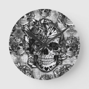 Grunge sugar skull pattern round clock