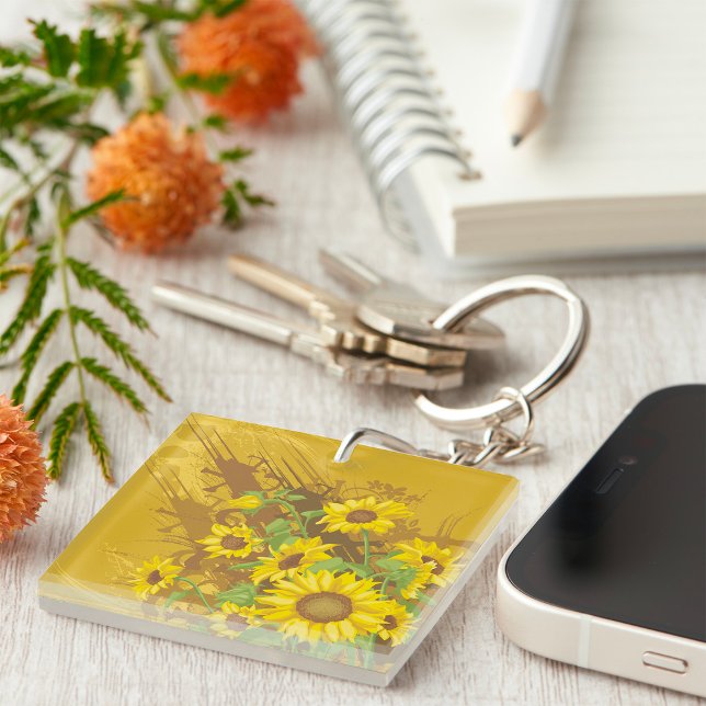 Grunge Sunflower Art Bold Rustic Yellow Floral Keychain (Creator Uploaded)