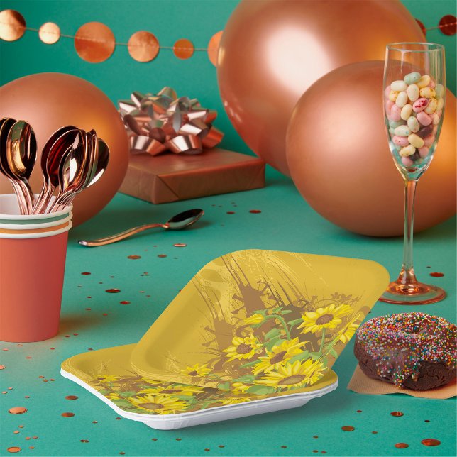 Grunge Sunflower Art Bold Rustic Yellow Floral Paper Plates (Creator Uploaded)