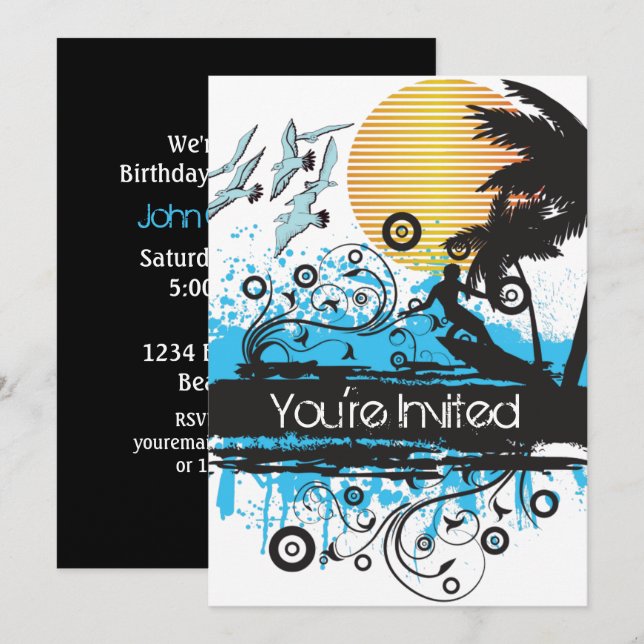 Grunge Surfing Tropical Beach Birthday Party Invitation (Front/Back)