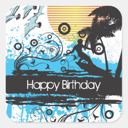 Grunge Surfing Tropical Beach Happy Birthday Square Sticker