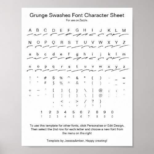 Grunge Swashes Font Character Sheet for Zazzle Poster