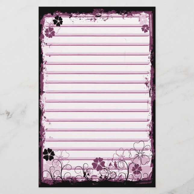 Grunge Swirl Flowers Lined Stationery White Pink (Front)