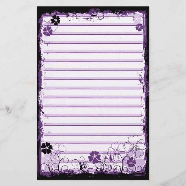 Grunge Swirl Flowers Lined Stationery White Purple (Front)