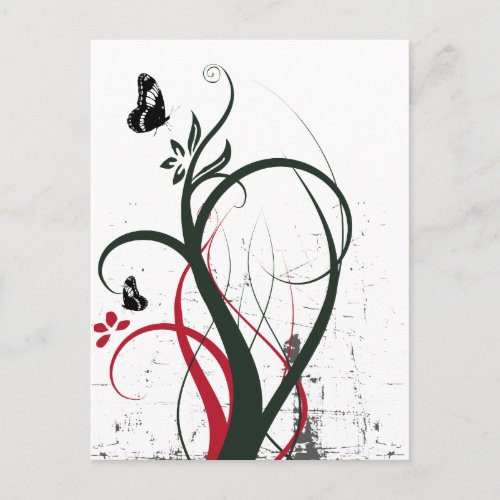 Grunge Swirls 2 Butterflies Original Black Red Postcard