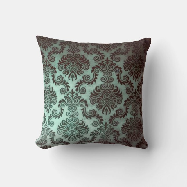 Grunge Teal Damask Throw Pillow (Front)