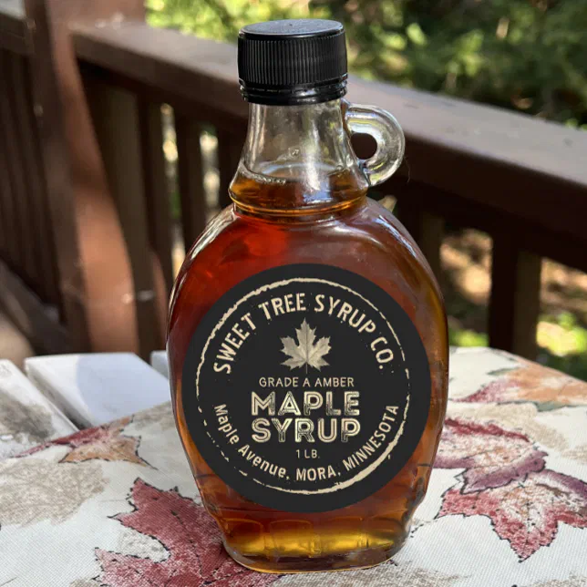 Grunge Text Gold Leaf Maple Syrup Label on Black | Zazzle