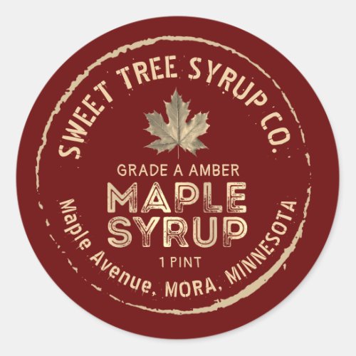 Grunge Text Gold Leaf Maple Syrup Label on Red