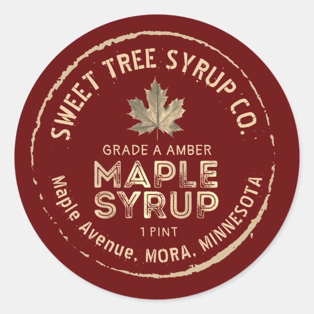 Grunge Text Gold Leaf Maple Syrup Label on Red (Front)