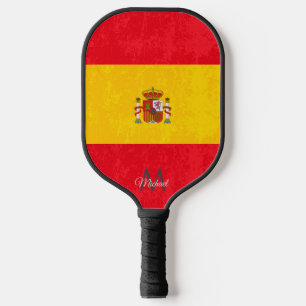 Grunge texture Spanish flag monogram name Pickleball Paddle