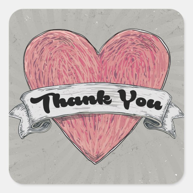 Grunge Thank You Red & Gray Heart Stickers / Seals (Front)