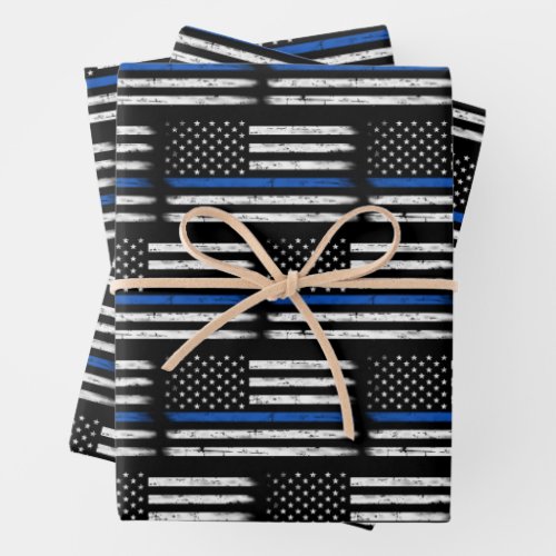 Grunge Thin Blue Line Police Officer Retirement Wrapping Paper Sheets