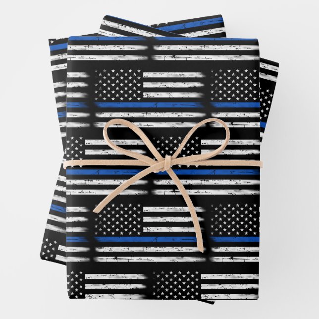 Grunge Thin Blue Line Police Officer Retirement Wrapping Paper Sheets (In situ)