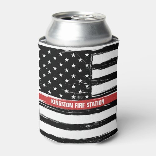 Grunge Thin Red Line Fire Station Flag Name Can Cooler