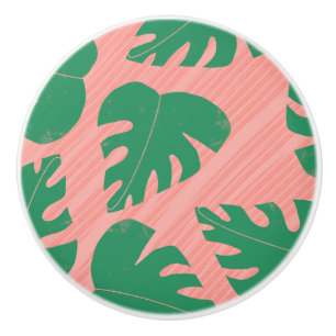 Grunge Tropical Green Monstera Leaves Ceramic Knob