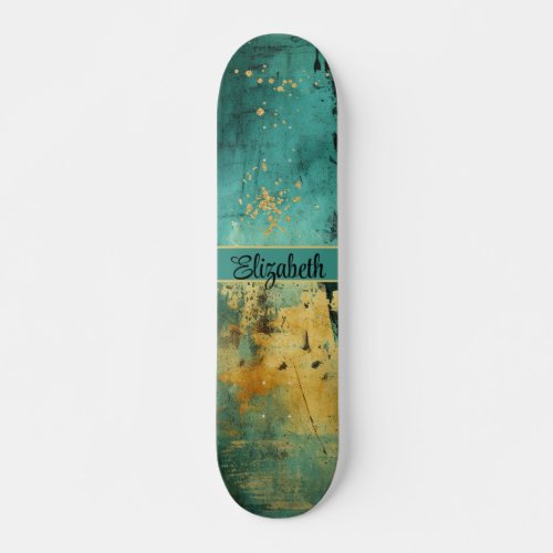 Grunge Turquoise and Faux Gold Glitter Sparkle Skateboard