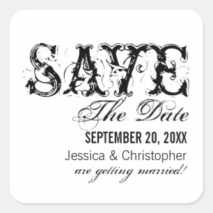 Grunge Typography Save the Date Stickers, Black Square Sticker