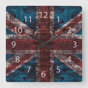 grunge Union Jack on brick Square Wall Clock