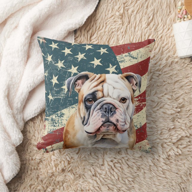 Grunge USA Flag Bulldog Throw Pillow (Blanket)