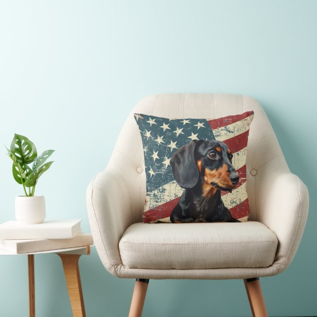 Grunge USA Flag Dachshund Dog Throw Pillow (Chair)