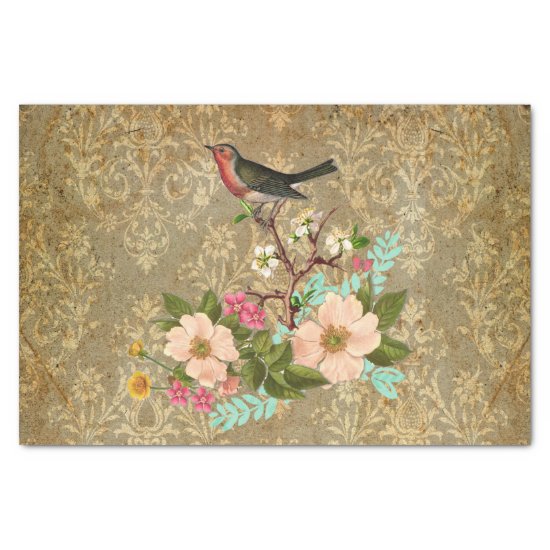 grunge vintage damask floral bird victorian brown tissue paper