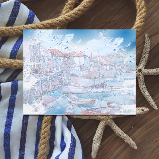 Grunge Watercolor Art of Boats in the Harbor 