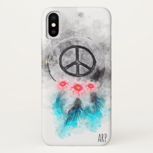  Grunge Watercolor Peace Sign Feathers Flowers iPhone XS Case